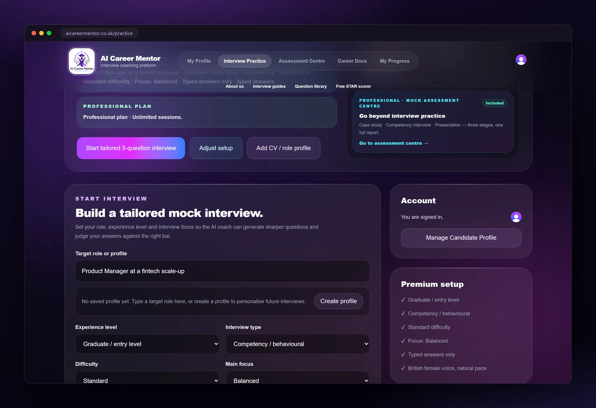 Tailored mock-interview setup screen
