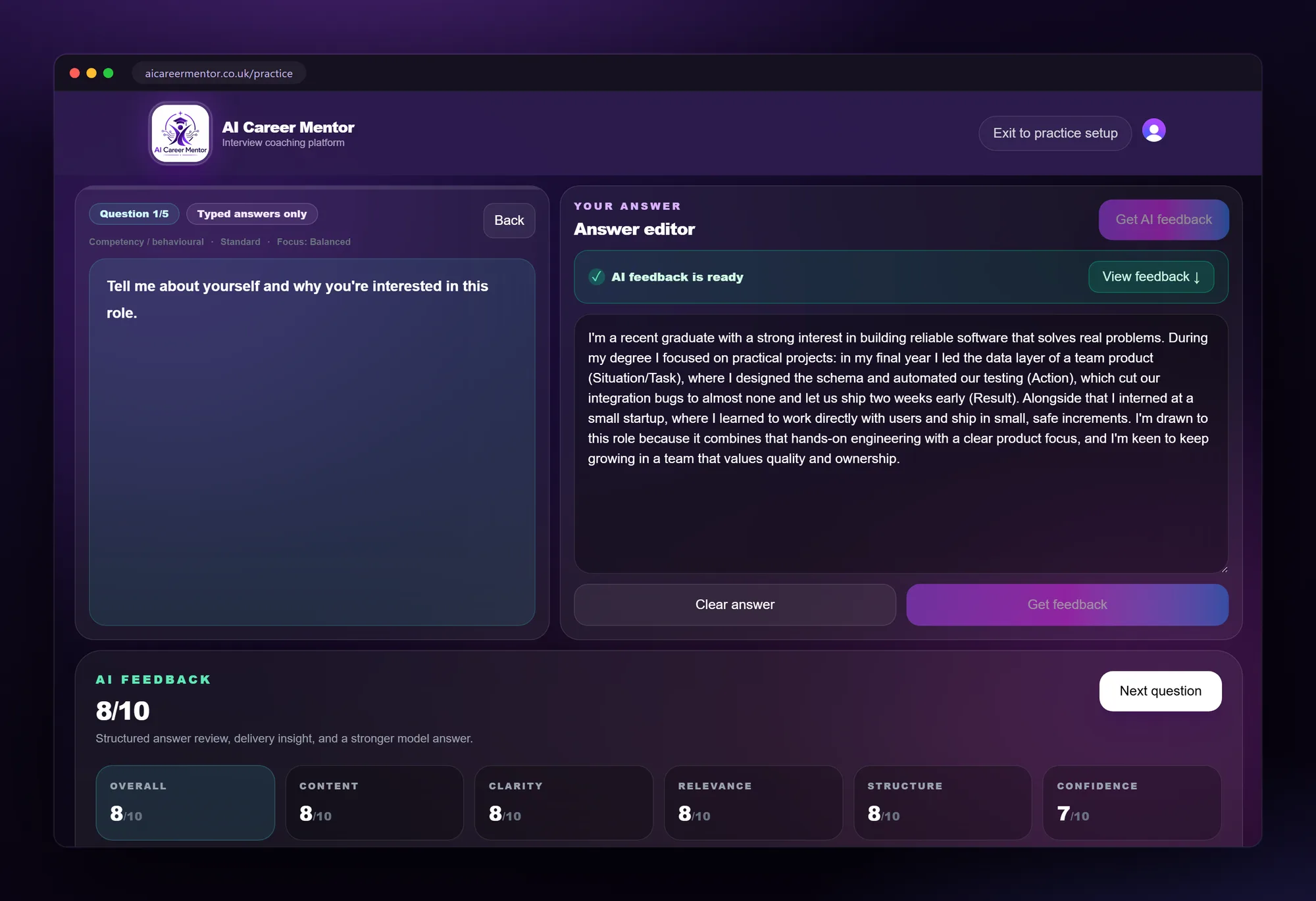 AI feedback scoring an interview answer on content, clarity, structure and confidence