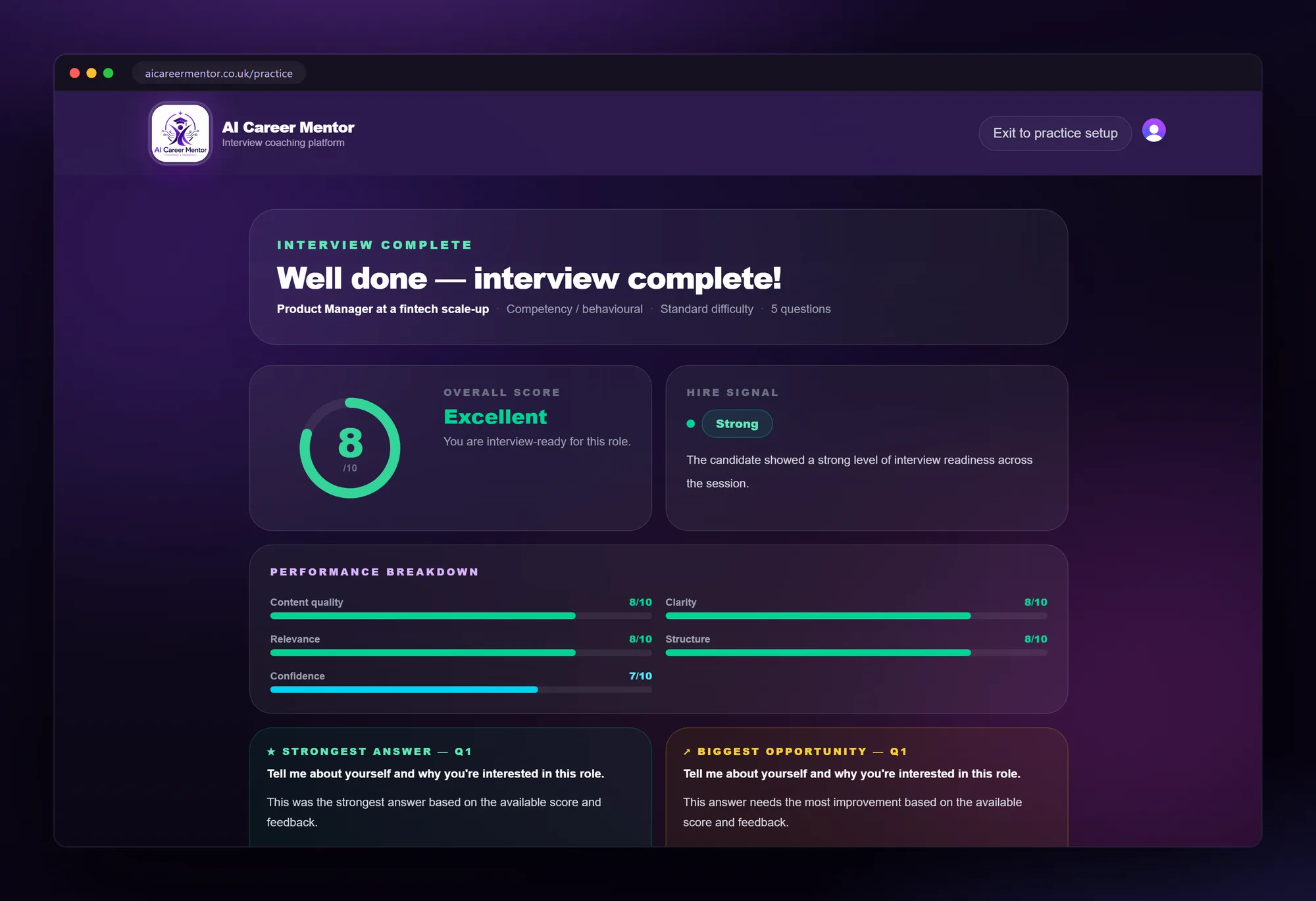 End-of-session readiness report with an overall score and hire signal