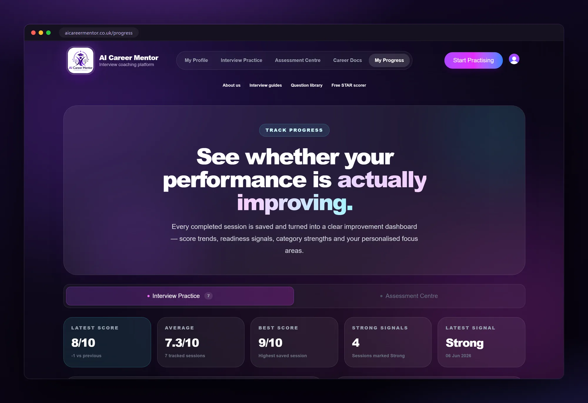 Progress dashboard showing an improving score trend across sessions