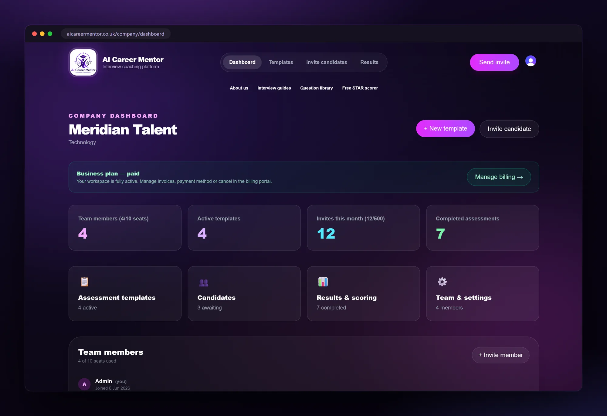 Recruiter dashboard showing candidates, templates and completed assessments